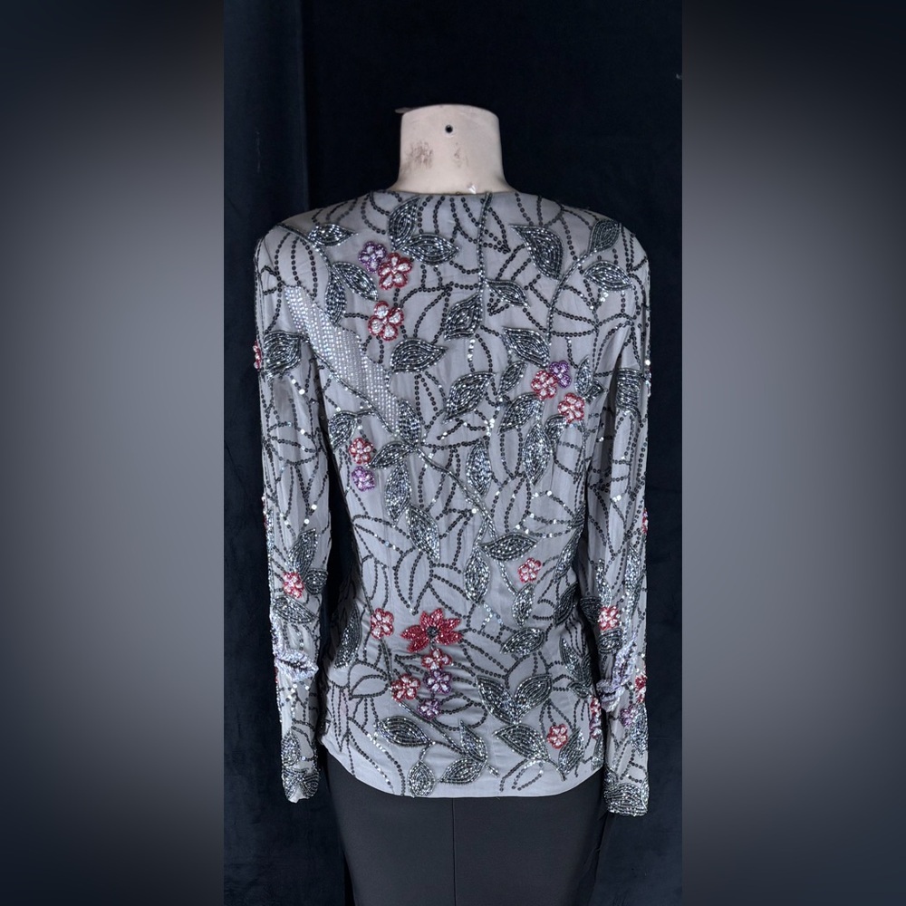 Embellished Floral V-Neck Jacket - Gray with Pink & Purple Accents - Picture 4 of 5